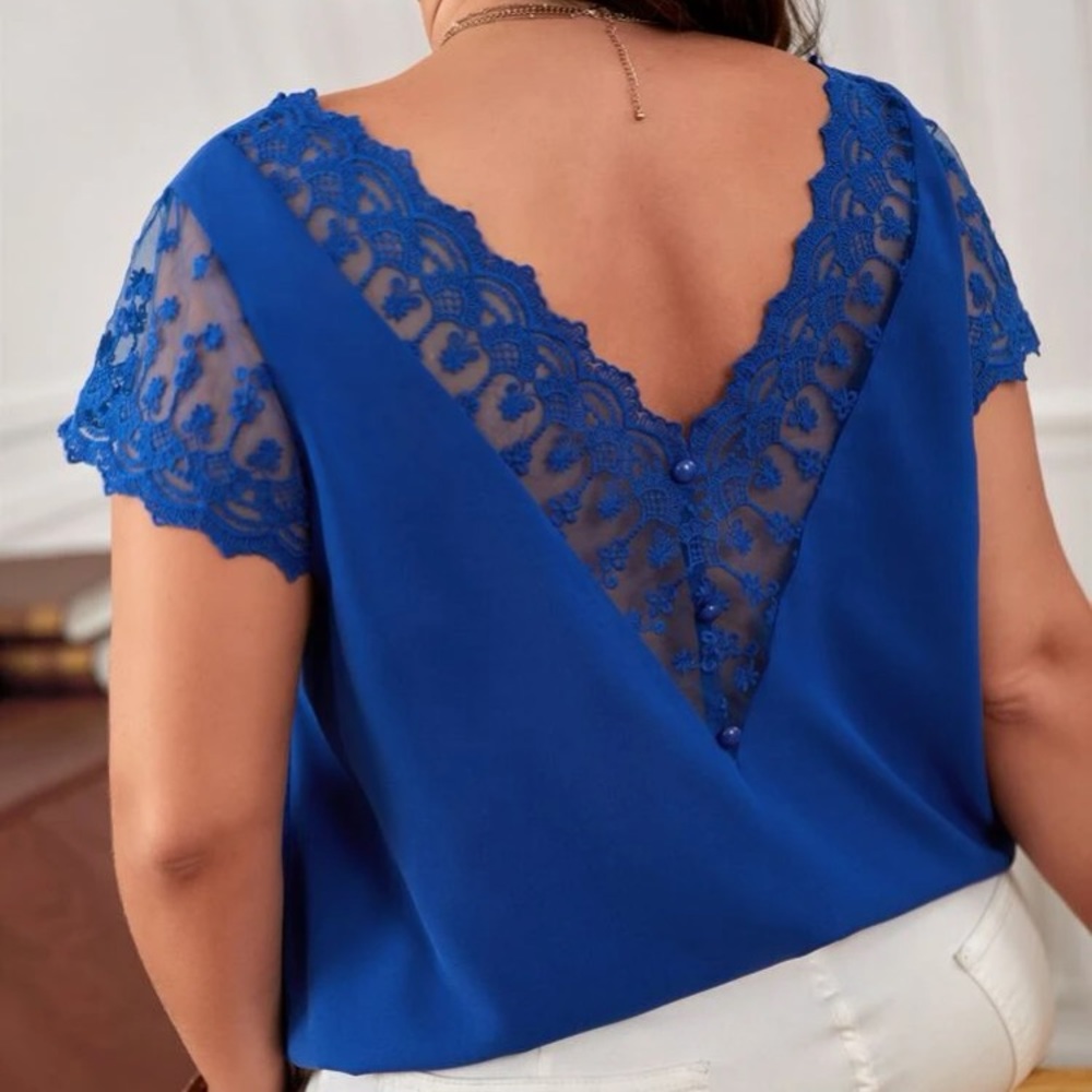 Plus size luxe contrast embroidered lace mesh blouse - Picture 13 of 16